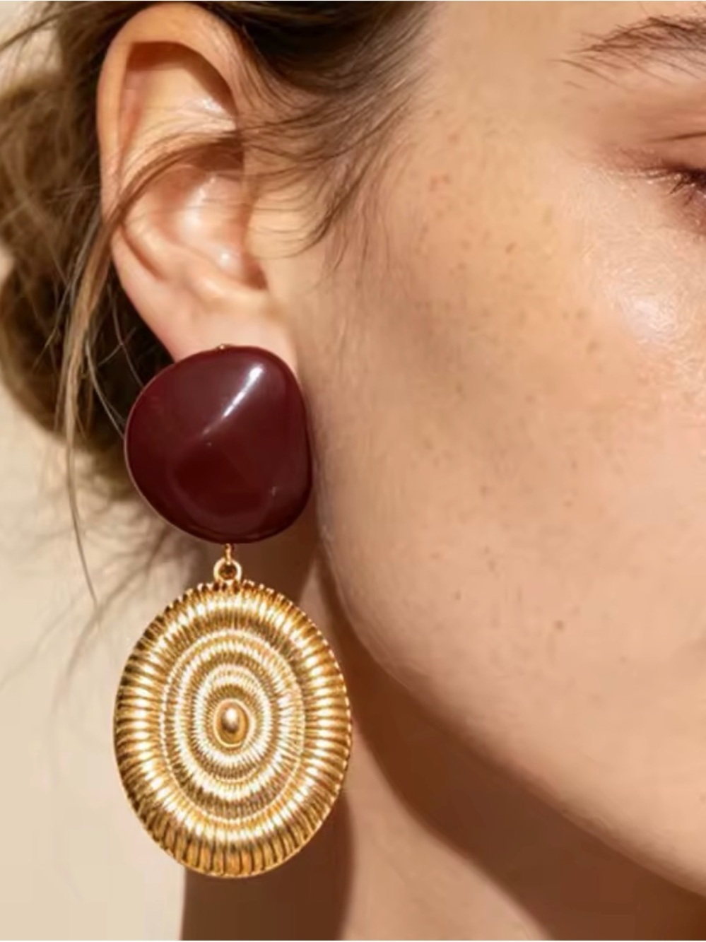 ZARA Style Burgundy & Gold Statement Drop Earrings